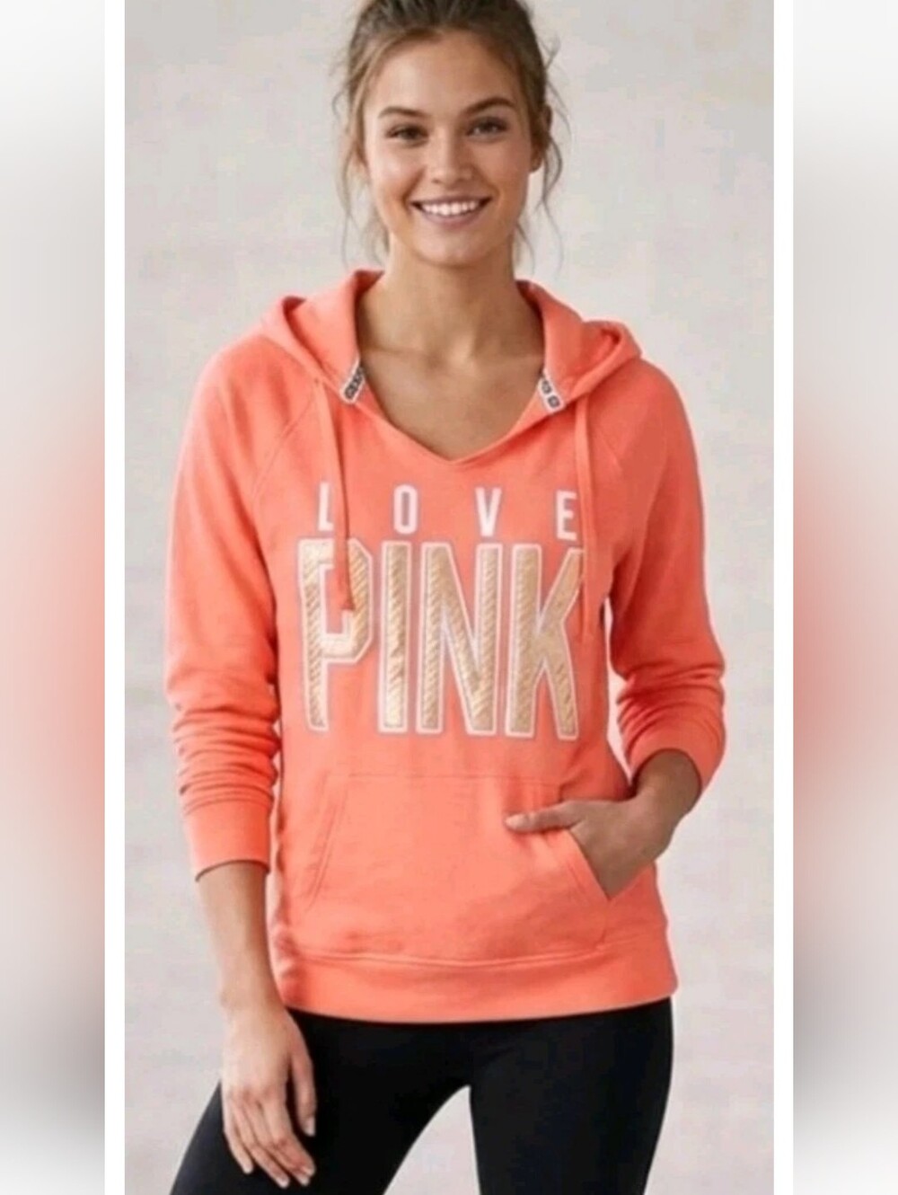 Y2k Victoria's Secret Love PINK Orange Relaxed Hoodie Fleece VS Sweatshirt L